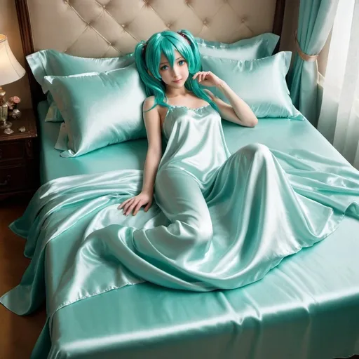 Prompt: hatsune miku, adult, plain pure pale turquoise silk sheets, plain pure pale turquoise silk satin bed, bedded in plain pure pale turquoise silk satin flat bed sheet, plain pure pale turquoise silk satin pillowcases, plain pure pale turquoise silk satin fitted sheet, soft shiny pure plain pale silk satin bedding, pure plain pale turquoise silk flat sheet on women, smiling, blushing, romantic four pouster bed with silk chiffon curtains, romantic bedroom background, ultra feminine posing, delicate lady, fragile lady, feminine lady, super soft and shiny silk satin sheets, alluring lady, Silk sheets, silk satin bed, bedded in silk satin flat bed sheet, silk satin pillowcases, silk satin fitted sheet, women is bedded between silk fitted sheet and silk satin bed cover, soft shiny silk satin bedding, silk flat sheet on women, aqua hair, aqua eyes, silk satin bed, bedded in silk satin cover, plain 2 silk pillows, plain silk satin fitted sheet, romantic bed, relaxing in plain pure pale turquoise pink silk satin sheets, extremely beautiful women, strapless, 1girl, solo, aqua eyes, aqua hair, twintails, long hair