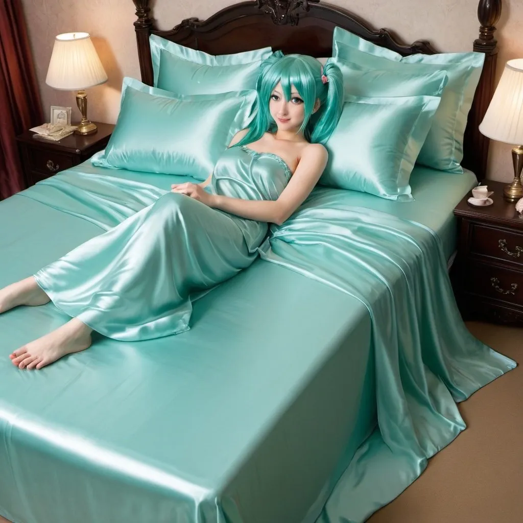 Prompt: hatsune miku, adult, plain pure pale turquoise silk sheets, plain pure pale turquoise silk satin bed, bedded in plain pure pale turquoise silk satin flat bed sheet, plain pure pale turquoise silk satin pillowcases, plain pure pale turquoise silk satin fitted sheet, soft shiny pure plain pale silk satin bedding, pure plain pale turquoise silk flat sheet on women, smiling, blushing, romantic four pouster bed with silk chiffon curtains, romantic bedroom background, ultra feminine posing, delicate lady, fragile lady, feminine lady, super soft and shiny silk satin sheets, alluring lady, Silk sheets, silk satin bed, bedded in silk satin flat bed sheet, silk satin pillowcases, silk satin fitted sheet, women is bedded between silk fitted sheet and silk satin bed cover, soft shiny silk satin bedding, silk flat sheet on women, aqua hair, aqua eyes, silk satin bed, bedded in silk satin cover, plain 2 silk pillows, plain silk satin fitted sheet, romantic bed, relaxing in plain pure pale turquoise pink silk satin sheets, extremely beautiful women, strapless, 1girl, solo, aqua eyes, aqua hair, twintails, long hair