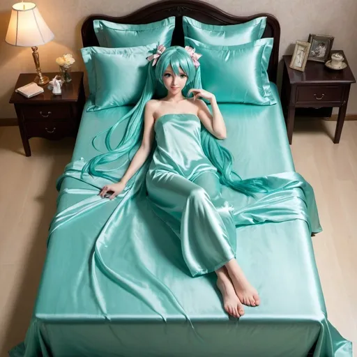 Prompt: hatsune miku, adult, plain pure pale turquoise silk sheets, plain pure pale turquoise silk satin bed, bedded in plain pure pale turquoise silk satin flat bed sheet, plain pure pale turquoise silk satin pillowcases, plain pure pale turquoise silk satin fitted sheet, soft shiny pure plain pale silk satin bedding, pure plain pale turquoise silk flat sheet on women, smiling, blushing, romantic four pouster bed with silk chiffon curtains, romantic bedroom background, ultra feminine posing, delicate lady, fragile lady, feminine lady, super soft and shiny silk satin sheets, alluring lady, Silk sheets, silk satin bed, bedded in silk satin flat bed sheet, silk satin pillowcases, silk satin fitted sheet, women is bedded between silk fitted sheet and silk satin bed cover, soft shiny silk satin bedding, silk flat sheet on women, aqua hair, aqua eyes, silk satin bed, bedded in silk satin cover, plain 2 silk pillows, plain silk satin fitted sheet, romantic bed, relaxing in plain pure pale turquoise pink silk satin sheets, extremely beautiful women, strapless, 1girl, solo, aqua eyes, aqua hair, twintails, long hair