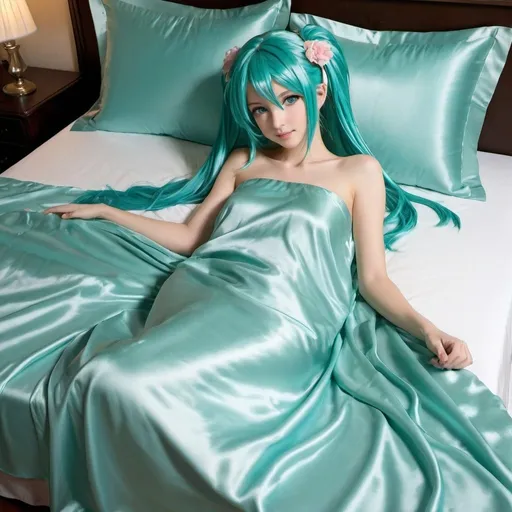 Prompt: hatsune miku, adult, plain pure pale turquoise silk sheets, plain pure pale turquoise silk satin bed, bedded in plain pure pale turquoise silk satin flat bed sheet, plain pure pale turquoise silk satin pillowcases, plain pure pale turquoise silk satin fitted sheet, soft shiny pure plain pale silk satin bedding, pure plain pale turquoise silk flat sheet on women, smiling, blushing, romantic four pouster bed with silk chiffon curtains, romantic bedroom background, ultra feminine posing, delicate lady, fragile lady, feminine lady, super soft and shiny silk satin sheets, alluring lady, Silk sheets, silk satin bed, bedded in silk satin flat bed sheet, silk satin pillowcases, silk satin fitted sheet, women is bedded between silk fitted sheet and silk satin bed cover, soft shiny silk satin bedding, silk flat sheet on women, aqua hair, aqua eyes, silk satin bed, bedded in silk satin cover, plain 2 silk pillows, plain silk satin fitted sheet, romantic bed, relaxing in plain pure pale turquoise pink silk satin sheets, extremely beautiful women, strapless, 1girl, solo, aqua eyes, aqua hair, twintails, long hair