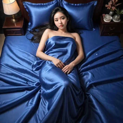 Prompt: a beautiful asian woman lying on royal blue satin bed linen sheets cover, 1girl, solo, realistic, black hair, long hair, bed sheet, beautiful eyes, blush, looking at viewer, full body