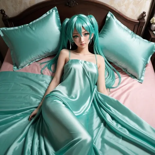 Prompt: hatsune miku, adult, plain pure pale turquoise silk sheets, plain pure pale turquoise silk satin bed, bedded in plain pure pale turquoise silk satin flat bed sheet, plain pure pale turquoise silk satin pillowcases, plain pure pale turquoise silk satin fitted sheet, soft shiny pure plain pale silk satin bedding, pure plain pale turquoise silk flat sheet on women, smiling, blushing, romantic four pouster bed with silk chiffon curtains, romantic bedroom background, ultra feminine posing, delicate lady, fragile lady, feminine lady, super soft and shiny silk satin sheets, alluring lady, Silk sheets, silk satin bed, bedded in silk satin flat bed sheet, silk satin pillowcases, silk satin fitted sheet, women is bedded between silk fitted sheet and silk satin bed cover, soft shiny silk satin bedding, silk flat sheet on women, aqua hair, aqua eyes, silk satin bed, bedded in silk satin cover, plain 2 silk pillows, plain silk satin fitted sheet, romantic bed, relaxing in plain pure pale turquoise pink silk satin sheets, extremely beautiful women, 1girl, solo, aqua eyes, aqua hair, twintails, long hair