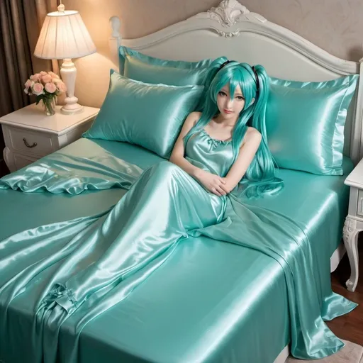 Prompt: hatsune miku, adult, plain pure pale turquoise silk sheets, plain pure pale turquoise silk satin bed, bedded in plain pure pale turquoise silk satin flat bed sheet, plain pure pale turquoise silk satin pillowcases, plain pure pale turquoise silk satin fitted sheet, soft shiny pure plain pale silk satin bedding, pure plain pale turquoise silk flat sheet on women, smiling, blushing, romantic four pouster bed with silk chiffon curtains, romantic bedroom background, ultra feminine posing, delicate lady, fragile lady, feminine lady, super soft and shiny silk satin sheets, alluring lady, Silk sheets, silk satin bed, bedded in silk satin flat bed sheet, silk satin pillowcases, silk satin fitted sheet, women is bedded between silk fitted sheet and silk satin bed cover, soft shiny silk satin bedding, silk flat sheet on women, aqua hair, aqua eyes, silk satin bed, bedded in silk satin cover, plain 2 silk pillows, plain silk satin fitted sheet, romantic bed, relaxing in plain pure pale turquoise pink silk satin sheets, extremely beautiful women, 1girl, solo, aqua eyes, aqua hair, twintails, long hair