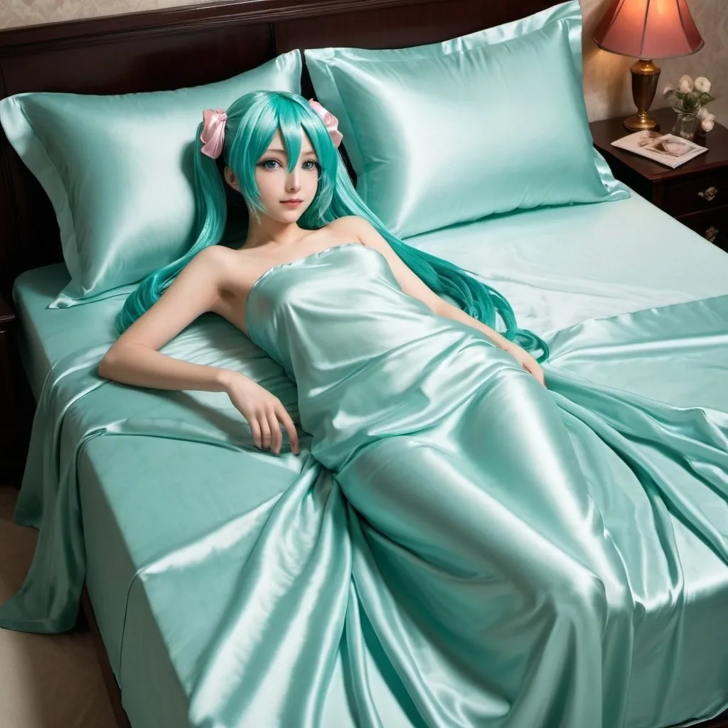 Prompt: hatsune miku, adult, plain pure pale turquoise silk sheets, plain pure pale turquoise silk satin bed, bedded in plain pure pale turquoise silk satin flat bed sheet, plain pure pale turquoise silk satin pillowcases, plain pure pale turquoise silk satin fitted sheet, soft shiny pure plain pale silk satin bedding, pure plain pale turquoise silk flat sheet on women, smiling, blushing, romantic four pouster bed with silk chiffon curtains, romantic bedroom background, ultra feminine posing, delicate lady, fragile lady, feminine lady, super soft and shiny silk satin sheets, alluring lady, Silk sheets, silk satin bed, bedded in silk satin flat bed sheet, silk satin pillowcases, silk satin fitted sheet, women is bedded between silk fitted sheet and silk satin bed cover, soft shiny silk satin bedding, silk flat sheet on women, aqua hair, aqua eyes, silk satin bed, bedded in silk satin cover, plain 2 silk pillows, plain silk satin fitted sheet, romantic bed, relaxing in plain pure pale turquoise pink silk satin sheets, extremely beautiful women, strapless, 1girl, solo, aqua eyes, aqua hair, twintails, long hair

