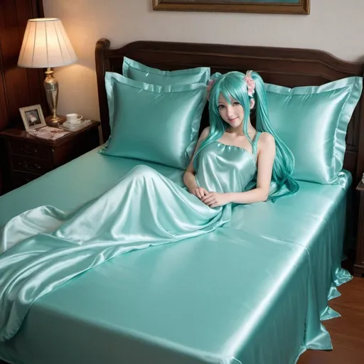 Prompt: hatsune miku, adult, plain pure pale turquoise silk sheets, plain pure pale turquoise silk satin bed, bedded in plain pure pale turquoise silk satin flat bed sheet, plain pure pale turquoise silk satin pillowcases, plain pure pale turquoise silk satin fitted sheet, soft shiny pure plain pale silk satin bedding, pure plain pale turquoise silk flat sheet on women, smiling, blushing, romantic four pouster bed with silk chiffon curtains, romantic bedroom background, ultra feminine posing, delicate lady, fragile lady, feminine lady, super soft and shiny silk satin sheets, alluring lady, Silk sheets, silk satin bed, bedded in silk satin flat bed sheet, silk satin pillowcases, silk satin fitted sheet, women is bedded between silk fitted sheet and silk satin bed cover, soft shiny silk satin bedding, silk flat sheet on women, aqua hair, aqua eyes, silk satin bed, bedded in silk satin cover, plain 2 silk pillows, plain silk satin fitted sheet, romantic bed, relaxing in plain pure pale turquoise pink silk satin sheets, extremely beautiful women, strapless, 1girl, solo, aqua eyes, aqua hair, twintails, long hair