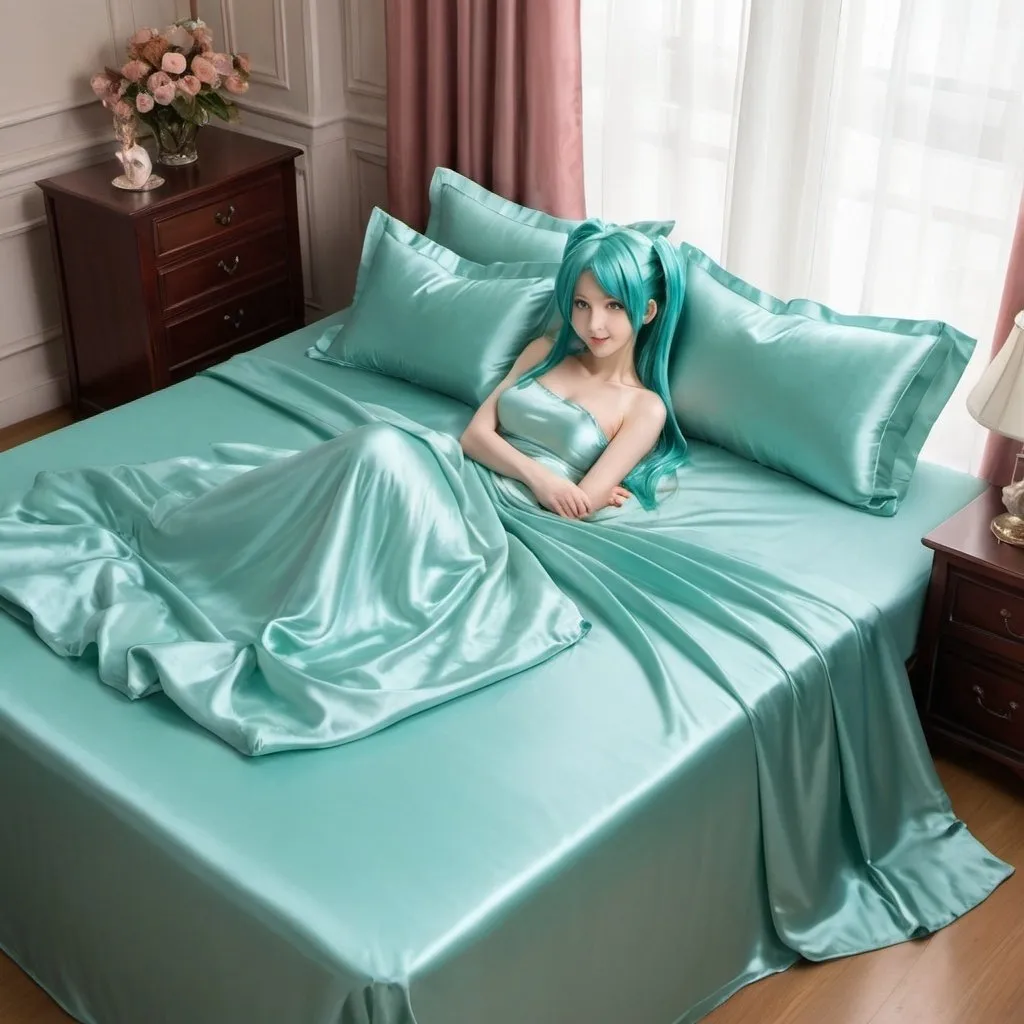 Prompt: hatsune miku, adult, plain pure pale turquoise silk sheets, plain pure pale turquoise silk satin bed, bedded in plain pure pale turquoise silk satin flat bed sheet, plain pure pale turquoise silk satin pillowcases, plain pure pale turquoise silk satin fitted sheet, soft shiny pure plain pale silk satin bedding, pure plain pale turquoise silk flat sheet on women, smiling, blushing, romantic four pouster bed with silk chiffon curtains, romantic bedroom background, ultra feminine posing, delicate lady, fragile lady, feminine lady, super soft and shiny silk satin sheets, alluring lady, Silk sheets, silk satin bed, bedded in silk satin flat bed sheet, silk satin pillowcases, silk satin fitted sheet, women is bedded between silk fitted sheet and silk satin bed cover, soft shiny silk satin bedding, silk flat sheet on women, aqua hair, aqua eyes, silk satin bed, bedded in silk satin cover, plain 2 silk pillows, plain silk satin fitted sheet, romantic bed, relaxing in plain pure pale turquoise pink silk satin sheets, extremely beautiful women, strapless, 1girl, solo, aqua eyes, aqua hair, twintails, long hair