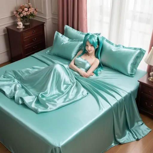 Prompt: hatsune miku, adult, plain pure pale turquoise silk sheets, plain pure pale turquoise silk satin bed, bedded in plain pure pale turquoise silk satin flat bed sheet, plain pure pale turquoise silk satin pillowcases, plain pure pale turquoise silk satin fitted sheet, soft shiny pure plain pale silk satin bedding, pure plain pale turquoise silk flat sheet on women, smiling, blushing, romantic four pouster bed with silk chiffon curtains, romantic bedroom background, ultra feminine posing, delicate lady, fragile lady, feminine lady, super soft and shiny silk satin sheets, alluring lady, Silk sheets, silk satin bed, bedded in silk satin flat bed sheet, silk satin pillowcases, silk satin fitted sheet, women is bedded between silk fitted sheet and silk satin bed cover, soft shiny silk satin bedding, silk flat sheet on women, aqua hair, aqua eyes, silk satin bed, bedded in silk satin cover, plain 2 silk pillows, plain silk satin fitted sheet, romantic bed, relaxing in plain pure pale turquoise pink silk satin sheets, extremely beautiful women, strapless, 1girl, solo, aqua eyes, aqua hair, twintails, long hair