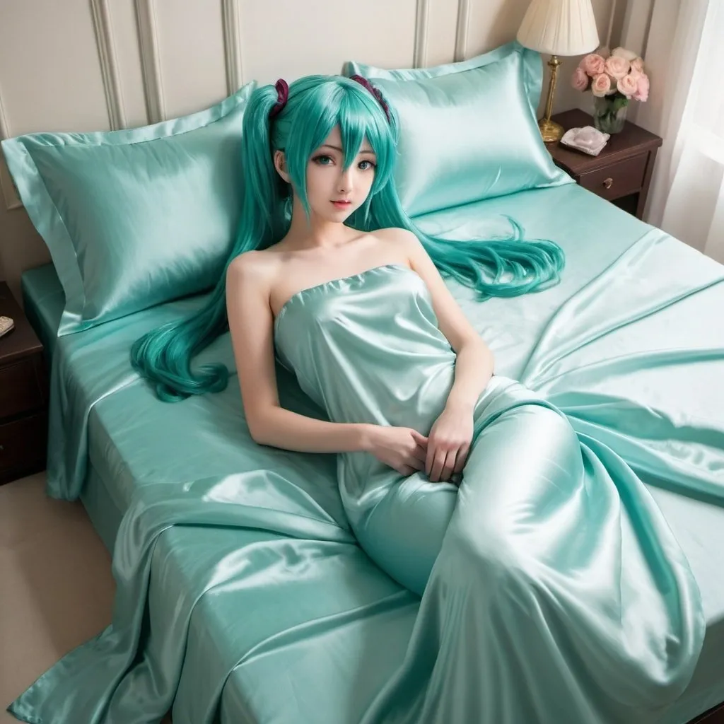 Prompt: hatsune miku, adult, plain pure pale turquoise silk sheets, plain pure pale turquoise silk satin bed, bedded in plain pure pale turquoise silk satin flat bed sheet, plain pure pale turquoise silk satin pillowcases, plain pure pale turquoise silk satin fitted sheet, soft shiny pure plain pale silk satin bedding, pure plain pale turquoise silk flat sheet on women, smiling, blushing, romantic four pouster bed with silk chiffon curtains, romantic bedroom background, ultra feminine posing, delicate lady, fragile lady, feminine lady, super soft and shiny silk satin sheets, alluring lady, Silk sheets, silk satin bed, bedded in silk satin flat bed sheet, silk satin pillowcases, silk satin fitted sheet, women is bedded between silk fitted sheet and silk satin bed cover, soft shiny silk satin bedding, silk flat sheet on women, aqua hair, aqua eyes, silk satin bed, bedded in silk satin cover, plain 2 silk pillows, plain silk satin fitted sheet, romantic bed, relaxing in plain pure pale turquoise pink silk satin sheets, extremely beautiful women, strapless, 1girl, solo, aqua eyes, aqua hair, twintails, long hair

