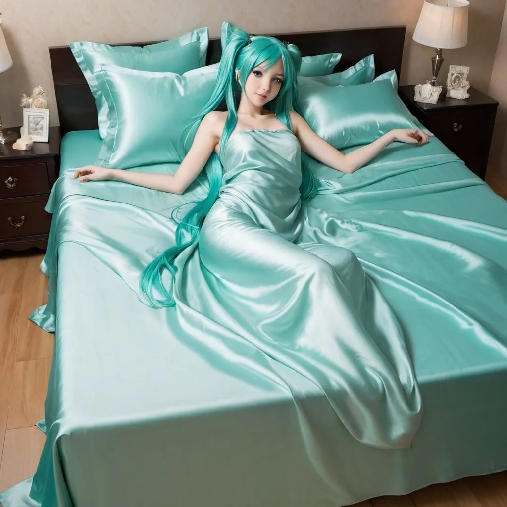 Prompt: hatsune miku, adult, plain pure pale turquoise silk sheets, plain pure pale turquoise silk satin bed, bedded in plain pure pale turquoise silk satin flat bed sheet, plain pure pale turquoise silk satin pillowcases, plain pure pale turquoise silk satin fitted sheet, soft shiny pure plain pale silk satin bedding, pure plain pale turquoise silk flat sheet on women, smiling, blushing, romantic four pouster bed with silk chiffon curtains, romantic bedroom background, ultra feminine posing, delicate lady, fragile lady, feminine lady, super soft and shiny silk satin sheets, alluring lady, Silk sheets, silk satin bed, bedded in silk satin flat bed sheet, silk satin pillowcases, silk satin fitted sheet, women is bedded between silk fitted sheet and silk satin bed cover, soft shiny silk satin bedding, silk flat sheet on women, aqua hair, aqua eyes, silk satin bed, bedded in silk satin cover, plain 2 silk pillows, plain silk satin fitted sheet, romantic bed, relaxing in plain pure pale turquoise pink silk satin sheets, extremely beautiful women, strapless, 1girl, solo, aqua eyes, aqua hair, twintails, long hair

