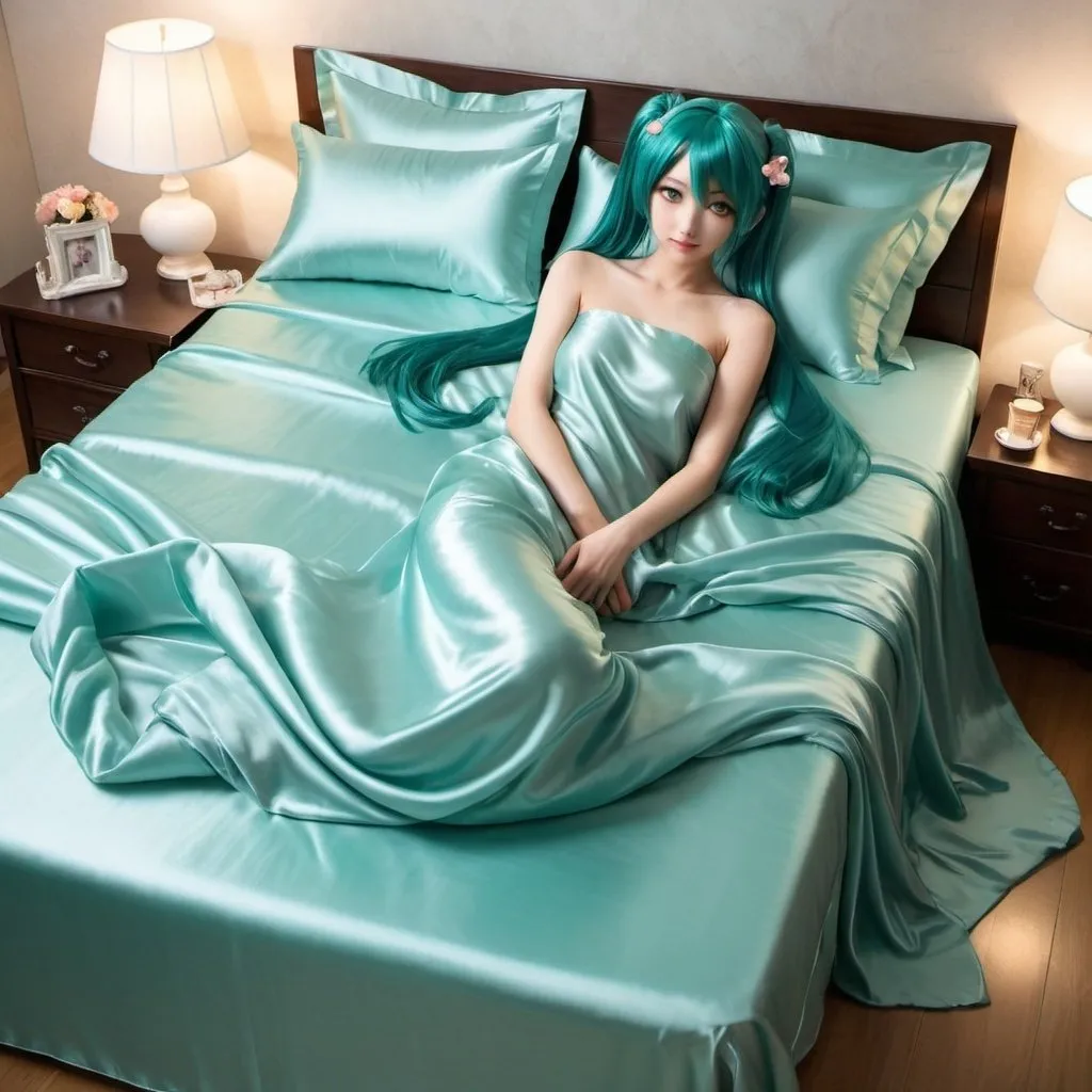 Prompt: hatsune miku, adult, plain pure pale turquoise silk sheets, plain pure pale turquoise silk satin bed, bedded in plain pure pale turquoise silk satin flat bed sheet, plain pure pale turquoise silk satin pillowcases, plain pure pale turquoise silk satin fitted sheet, soft shiny pure plain pale silk satin bedding, pure plain pale turquoise silk flat sheet on women, smiling, blushing, romantic four pouster bed with silk chiffon curtains, romantic bedroom background, ultra feminine posing, delicate lady, fragile lady, feminine lady, super soft and shiny silk satin sheets, alluring lady, Silk sheets, silk satin bed, bedded in silk satin flat bed sheet, silk satin pillowcases, silk satin fitted sheet, women is bedded between silk fitted sheet and silk satin bed cover, soft shiny silk satin bedding, silk flat sheet on women, aqua hair, aqua eyes, silk satin bed, bedded in silk satin cover, plain 2 silk pillows, plain silk satin fitted sheet, romantic bed, relaxing in plain pure pale turquoise pink silk satin sheets, extremely beautiful women, strapless, 1girl, solo, aqua eyes, aqua hair, twintails, long hair