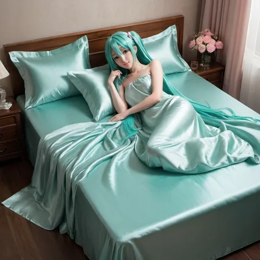 Prompt: hatsune miku, adult, plain pure pale turquoise silk sheets, plain pure pale turquoise silk satin bed, bedded in plain pure pale turquoise silk satin flat bed sheet, plain pure pale turquoise silk satin pillowcases, plain pure pale turquoise silk satin fitted sheet, soft shiny pure plain pale silk satin bedding, pure plain pale turquoise silk flat sheet on women, smiling, blushing, romantic four pouster bed with silk chiffon curtains, romantic bedroom background, ultra feminine posing, delicate lady, fragile lady, feminine lady, super soft and shiny silk satin sheets, alluring lady, Silk sheets, silk satin bed, bedded in silk satin flat bed sheet, silk satin pillowcases, silk satin fitted sheet, women is bedded between silk fitted sheet and silk satin bed cover, soft shiny silk satin bedding, silk flat sheet on women, aqua hair, aqua eyes, silk satin bed, bedded in silk satin cover, plain 2 silk pillows, plain silk satin fitted sheet, romantic bed, relaxing in plain pure pale turquoise pink silk satin sheets, extremely beautiful women, strapless, 1girl, solo, aqua eyes, aqua hair, twintails, long hair