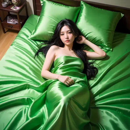 Prompt: a beautiful japanese woman with long hair and black hair lying on bright green satin bed sheets cover, 1girl, solo, looking at viewer, full body