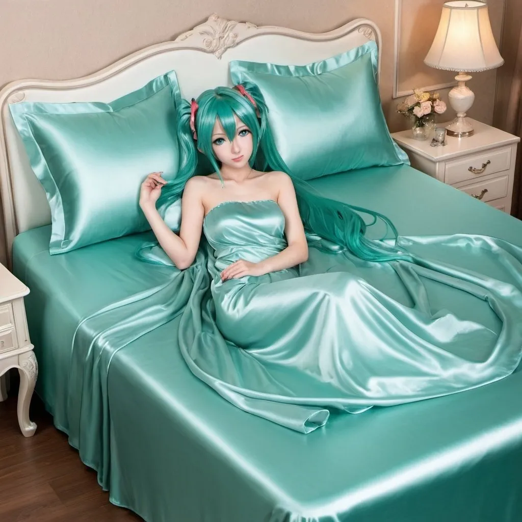 Prompt: hatsune miku, adult, plain pure pale turquoise silk sheets, plain pure pale turquoise silk satin bed, bedded in plain pure pale turquoise silk satin flat bed sheet, plain pure pale turquoise silk satin pillowcases, plain pure pale turquoise silk satin fitted sheet, soft shiny pure plain pale silk satin bedding, pure plain pale turquoise silk flat sheet on women, smiling, blushing, romantic four pouster bed with silk chiffon curtains, romantic bedroom background, ultra feminine posing, delicate lady, fragile lady, feminine lady, super soft and shiny silk satin sheets, alluring lady, Silk sheets, silk satin bed, bedded in silk satin flat bed sheet, silk satin pillowcases, silk satin fitted sheet, women is bedded between silk fitted sheet and silk satin bed cover, soft shiny silk satin bedding, silk flat sheet on women, aqua hair, aqua eyes, silk satin bed, bedded in silk satin cover, plain 2 silk pillows, plain silk satin fitted sheet, romantic bed, relaxing in plain pure pale turquoise pink silk satin sheets, extremely beautiful women, strapless, 1girl, solo, aqua eyes, aqua hair, twintails, long hair

