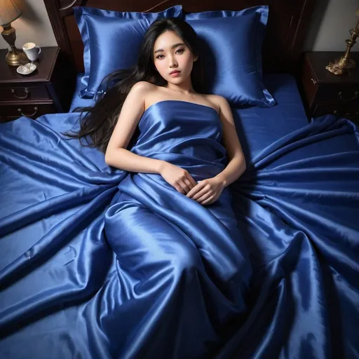 Prompt: a beautiful asian woman lying on royal blue satin bed linen sheets cover, 1girl, solo, realistic, black hair, long hair, bed sheet, beautiful eyes, blush, looking at viewer, full body