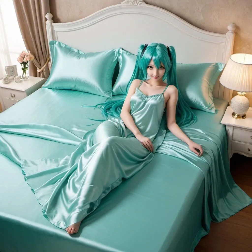 Prompt: hatsune miku, adult, plain pure pale turquoise silk sheets, plain pure pale turquoise silk satin bed, bedded in plain pure pale turquoise silk satin flat bed sheet, plain pure pale turquoise silk satin pillowcases, plain pure pale turquoise silk satin fitted sheet, soft shiny pure plain pale silk satin bedding, pure plain pale turquoise silk flat sheet on women, smiling, blushing, romantic four pouster bed with silk chiffon curtains, romantic bedroom background, ultra feminine posing, delicate lady, fragile lady, feminine lady, super soft and shiny silk satin sheets, alluring lady, Silk sheets, silk satin bed, bedded in silk satin flat bed sheet, silk satin pillowcases, silk satin fitted sheet, women is bedded between silk fitted sheet and silk satin bed cover, soft shiny silk satin bedding, silk flat sheet on women, aqua hair, aqua eyes, silk satin bed, bedded in silk satin cover, plain 2 silk pillows, plain silk satin fitted sheet, romantic bed, relaxing in plain pure pale turquoise pink silk satin sheets, extremely beautiful women, 1girl, solo, aqua eyes, aqua hair, twintails, long hair