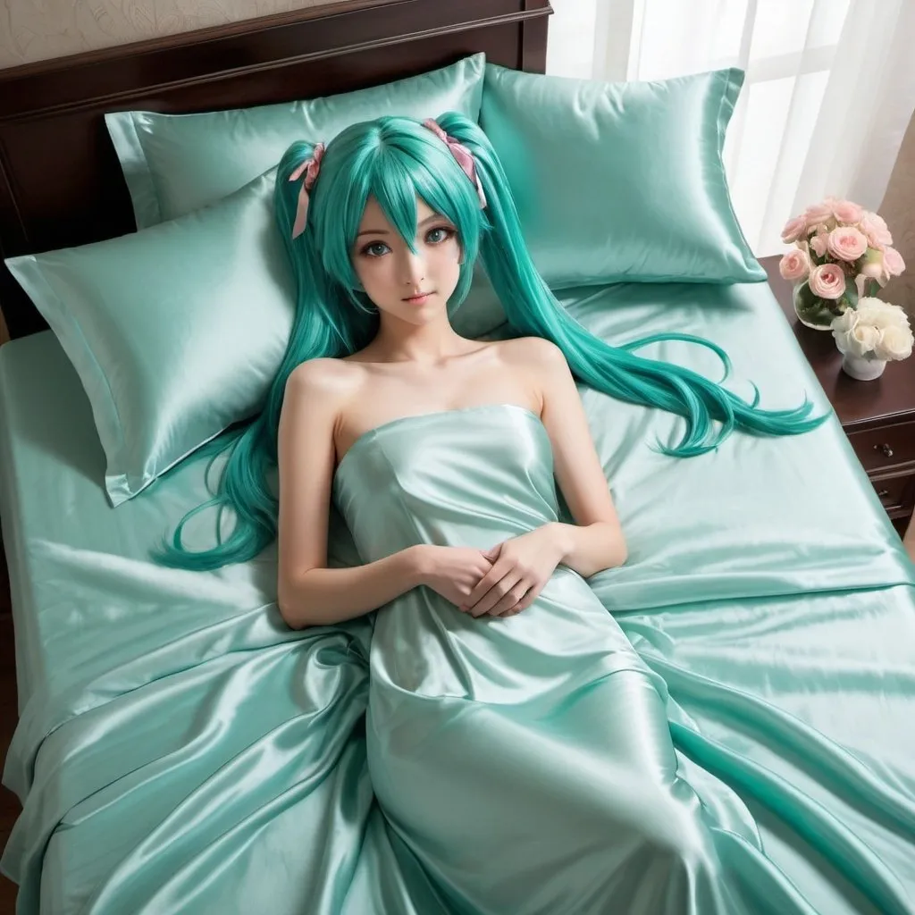 Prompt: hatsune miku, adult, plain pure pale turquoise silk sheets, plain pure pale turquoise silk satin bed, bedded in plain pure pale turquoise silk satin flat bed sheet, plain pure pale turquoise silk satin pillowcases, plain pure pale turquoise silk satin fitted sheet, soft shiny pure plain pale silk satin bedding, pure plain pale turquoise silk flat sheet on women, smiling, blushing, romantic four pouster bed with silk chiffon curtains, romantic bedroom background, ultra feminine posing, delicate lady, fragile lady, feminine lady, super soft and shiny silk satin sheets, alluring lady, Silk sheets, silk satin bed, bedded in silk satin flat bed sheet, silk satin pillowcases, silk satin fitted sheet, women is bedded between silk fitted sheet and silk satin bed cover, soft shiny silk satin bedding, silk flat sheet on women, aqua hair, aqua eyes, silk satin bed, bedded in silk satin cover, plain 2 silk pillows, plain silk satin fitted sheet, romantic bed, relaxing in plain pure pale turquoise pink silk satin sheets, extremely beautiful women, strapless, 1girl, solo, aqua eyes, aqua hair, twintails, long hair