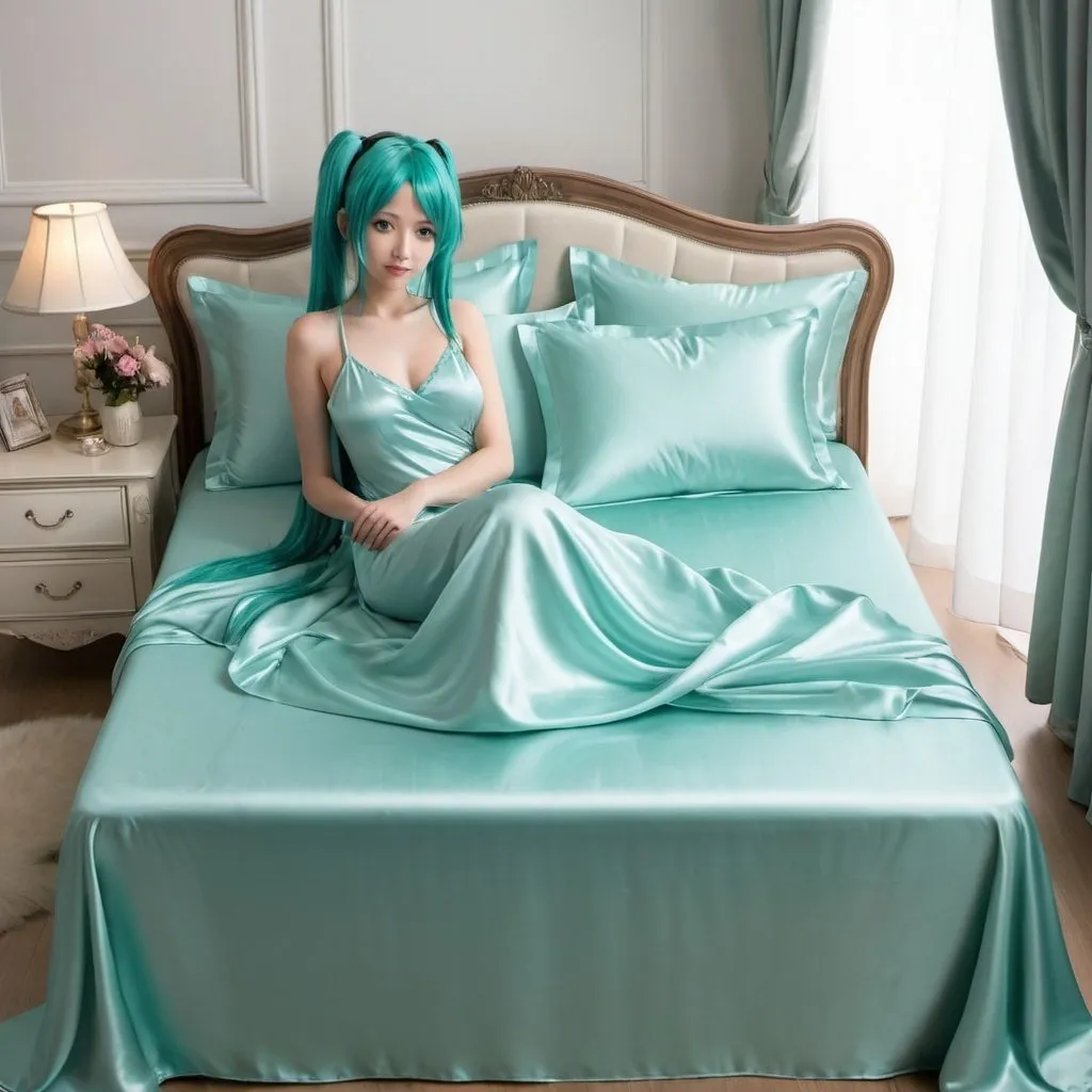 Prompt: hatsune miku, adult, plain pure pale turquoise silk sheets, plain pure pale turquoise silk satin bed, bedded in plain pure pale turquoise silk satin flat bed sheet, plain pure pale turquoise silk satin pillowcases, plain pure pale turquoise silk satin fitted sheet, soft shiny pure plain pale silk satin bedding, pure plain pale turquoise silk flat sheet on women, smiling, blushing, romantic four pouster bed with silk chiffon curtains, romantic bedroom background, ultra feminine posing, delicate lady, fragile lady, feminine lady, super soft and shiny silk satin sheets, alluring lady, Silk sheets, silk satin bed, bedded in silk satin flat bed sheet, silk satin pillowcases, silk satin fitted sheet, women is bedded between silk fitted sheet and silk satin bed cover, soft shiny silk satin bedding, silk flat sheet on women, aqua hair, aqua eyes, silk satin bed, bedded in silk satin cover, plain 2 silk pillows, plain silk satin fitted sheet, romantic bed, relaxing in plain pure pale turquoise pink silk satin sheets, extremely beautiful women, strapless, 1girl, solo, aqua eyes, aqua hair, twintails, long hair