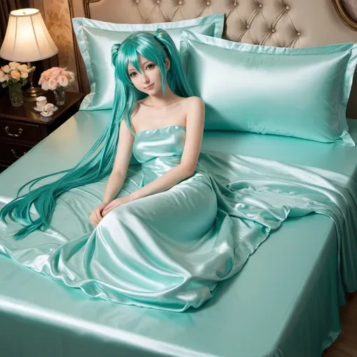 Prompt: hatsune miku, adult, plain pure pale turquoise silk sheets, plain pure pale turquoise silk satin bed, bedded in plain pure pale turquoise silk satin flat bed sheet, plain pure pale turquoise silk satin pillowcases, plain pure pale turquoise silk satin fitted sheet, soft shiny pure plain pale silk satin bedding, pure plain pale turquoise silk flat sheet on women, smiling, blushing, romantic four pouster bed with silk chiffon curtains, romantic bedroom background, ultra feminine posing, delicate lady, fragile lady, feminine lady, super soft and shiny silk satin sheets, alluring lady, Silk sheets, silk satin bed, bedded in silk satin flat bed sheet, silk satin pillowcases, silk satin fitted sheet, women is bedded between silk fitted sheet and silk satin bed cover, soft shiny silk satin bedding, silk flat sheet on women, aqua hair, aqua eyes, silk satin bed, bedded in silk satin cover, plain 2 silk pillows, plain silk satin fitted sheet, romantic bed, relaxing in plain pure pale turquoise pink silk satin sheets, extremely beautiful women, strapless, 1girl, solo, aqua eyes, aqua hair, twintails, long hair