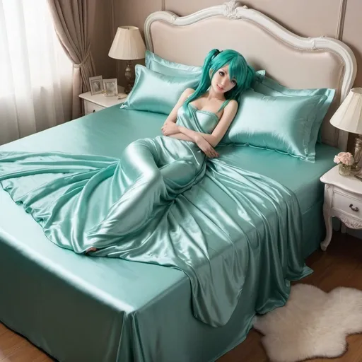 Prompt: hatsune miku, adult, plain pure pale turquoise silk sheets, plain pure pale turquoise silk satin bed, bedded in plain pure pale turquoise silk satin flat bed sheet, plain pure pale turquoise silk satin pillowcases, plain pure pale turquoise silk satin fitted sheet, soft shiny pure plain pale silk satin bedding, pure plain pale turquoise silk flat sheet on women, smiling, blushing, romantic four pouster bed with silk chiffon curtains, romantic bedroom background, ultra feminine posing, delicate lady, fragile lady, feminine lady, super soft and shiny silk satin sheets, alluring lady, Silk sheets, silk satin bed, bedded in silk satin flat bed sheet, silk satin pillowcases, silk satin fitted sheet, women is bedded between silk fitted sheet and silk satin bed cover, soft shiny silk satin bedding, silk flat sheet on women, aqua hair, aqua eyes, silk satin bed, bedded in silk satin cover, plain 2 silk pillows, plain silk satin fitted sheet, romantic bed, relaxing in plain pure pale turquoise pink silk satin sheets, extremely beautiful women, strapless, 1girl, solo, aqua eyes, aqua hair, twintails, long hair