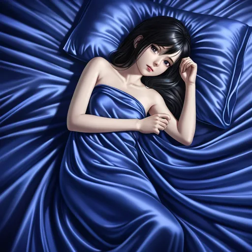 Prompt: a beautiful anime girl lying on bright royal blue satin bed sheets cover, 1girl, solo, realistic, black hair, long hair, bed sheet, looking at viewer, full body