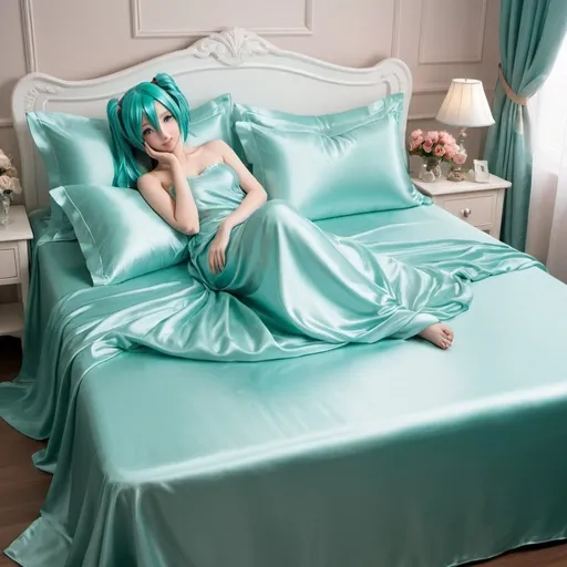 Prompt: hatsune miku, adult, plain pure pale turquoise silk sheets, plain pure pale turquoise silk satin bed, bedded in plain pure pale turquoise silk satin flat bed sheet, plain pure pale turquoise silk satin pillowcases, plain pure pale turquoise silk satin fitted sheet, soft shiny pure plain pale silk satin bedding, pure plain pale turquoise silk flat sheet on women, smiling, blushing, romantic four pouster bed with silk chiffon curtains, romantic bedroom background, ultra feminine posing, delicate lady, fragile lady, feminine lady, super soft and shiny silk satin sheets, alluring lady, Silk sheets, silk satin bed, bedded in silk satin flat bed sheet, silk satin pillowcases, silk satin fitted sheet, women is bedded between silk fitted sheet and silk satin bed cover, soft shiny silk satin bedding, silk flat sheet on women, aqua hair, aqua eyes, silk satin bed, bedded in silk satin cover, plain 2 silk pillows, plain silk satin fitted sheet, romantic bed, relaxing in plain pure pale turquoise pink silk satin sheets, extremely beautiful women, strapless, 1girl, solo, aqua eyes, aqua hair, twintails, long hair