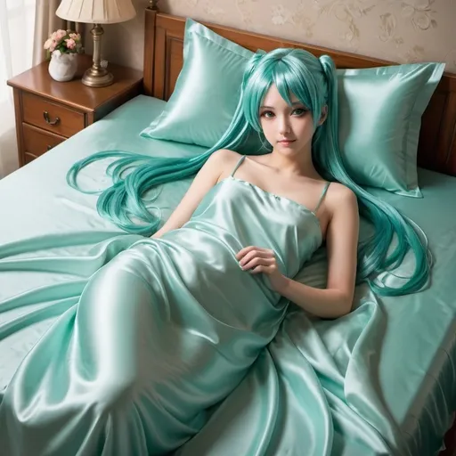 Prompt: hatsune miku, adult, plain pure pale turquoise silk sheets, plain pure pale turquoise silk satin bed, bedded in plain pure pale turquoise silk satin flat bed sheet, plain pure pale turquoise silk satin pillowcases, plain pure pale turquoise silk satin fitted sheet, soft shiny pure plain pale silk satin bedding, pure plain pale turquoise silk flat sheet on women, smiling, blushing, romantic four pouster bed with silk chiffon curtains, romantic bedroom background, ultra feminine posing, delicate lady, fragile lady, feminine lady, super soft and shiny silk satin sheets, alluring lady, Silk sheets, silk satin bed, bedded in silk satin flat bed sheet, silk satin pillowcases, silk satin fitted sheet, women is bedded between silk fitted sheet and silk satin bed cover, soft shiny silk satin bedding, silk flat sheet on women, aqua hair, aqua eyes, silk satin bed, bedded in silk satin cover, plain 2 silk pillows, plain silk satin fitted sheet, romantic bed, relaxing in plain pure pale turquoise pink silk satin sheets, extremely beautiful women, 1girl, solo, aqua eyes, aqua hair, twintails, long hair