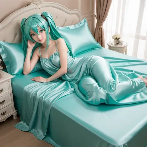 Prompt: hatsune miku, adult, plain pure pale turquoise silk sheets, plain pure pale turquoise silk satin bed, bedded in plain pure pale turquoise silk satin flat bed sheet, plain pure pale turquoise silk satin pillowcases, plain pure pale turquoise silk satin fitted sheet, soft shiny pure plain pale silk satin bedding, pure plain pale turquoise silk flat sheet on women, smiling, blushing, romantic four pouster bed with silk chiffon curtains, romantic bedroom background, ultra feminine posing, delicate lady, fragile lady, feminine lady, super soft and shiny silk satin sheets, alluring lady, Silk sheets, silk satin bed, bedded in silk satin flat bed sheet, silk satin pillowcases, silk satin fitted sheet, women is bedded between silk fitted sheet and silk satin bed cover, soft shiny silk satin bedding, silk flat sheet on women, aqua hair, aqua eyes, silk satin bed, bedded in silk satin cover, plain 2 silk pillows, plain silk satin fitted sheet, romantic bed, relaxing in plain pure pale turquoise pink silk satin sheets, extremely beautiful women, strapless, 1girl, solo, aqua eyes, aqua hair, twintails, long hair