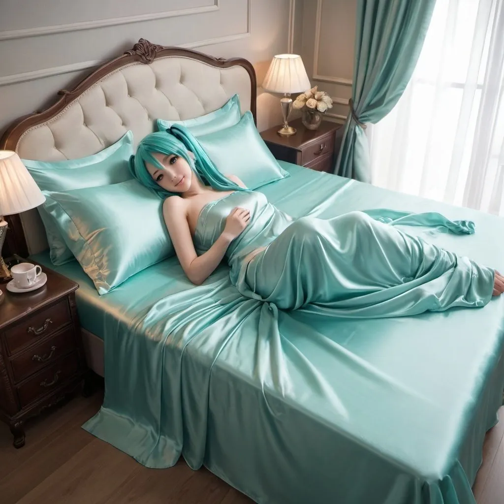 Prompt: hatsune miku, adult, plain pure pale turquoise silk sheets, plain pure pale turquoise silk satin bed, bedded in plain pure pale turquoise silk satin flat bed sheet, plain pure pale turquoise silk satin pillowcases, plain pure pale turquoise silk satin fitted sheet, soft shiny pure plain pale silk satin bedding, pure plain pale turquoise silk flat sheet on women, smiling, blushing, romantic four pouster bed with silk chiffon curtains, romantic bedroom background, ultra feminine posing, delicate lady, fragile lady, feminine lady, super soft and shiny silk satin sheets, alluring lady, Silk sheets, silk satin bed, bedded in silk satin flat bed sheet, silk satin pillowcases, silk satin fitted sheet, women is bedded between silk fitted sheet and silk satin bed cover, soft shiny silk satin bedding, silk flat sheet on women, aqua hair, aqua eyes, silk satin bed, bedded in silk satin cover, plain 2 silk pillows, plain silk satin fitted sheet, romantic bed, relaxing in plain pure pale turquoise pink silk satin sheets, extremely beautiful women, strapless, 1girl, solo, aqua eyes, aqua hair, twintails, long hair