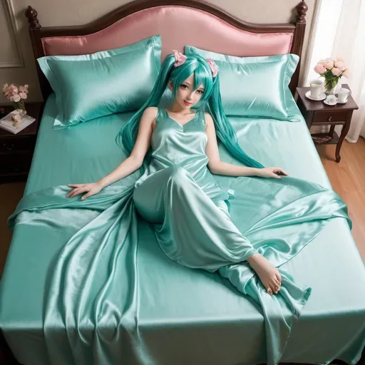 Prompt: hatsune miku, adult, plain pure pale turquoise silk sheets, plain pure pale turquoise silk satin bed, bedded in plain pure pale turquoise silk satin flat bed sheet, plain pure pale turquoise silk satin pillowcases, plain pure pale turquoise silk satin fitted sheet, soft shiny pure plain pale silk satin bedding, pure plain pale turquoise silk flat sheet on women, smiling, blushing, romantic four pouster bed with silk chiffon curtains, romantic bedroom background, ultra feminine posing, delicate lady, fragile lady, feminine lady, super soft and shiny silk satin sheets, alluring lady, Silk sheets, silk satin bed, bedded in silk satin flat bed sheet, silk satin pillowcases, silk satin fitted sheet, women is bedded between silk fitted sheet and silk satin bed cover, soft shiny silk satin bedding, silk flat sheet on women, aqua hair, aqua eyes, silk satin bed, bedded in silk satin cover, plain 2 silk pillows, plain silk satin fitted sheet, romantic bed, relaxing in plain pure pale turquoise pink silk satin sheets, extremely beautiful women, 1girl, solo, aqua eyes, aqua hair, twintails, long hair