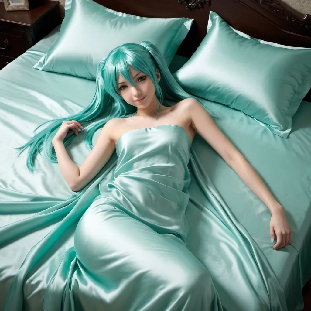 Prompt: hatsune miku, adult, plain pure pale turquoise silk sheets, plain pure pale turquoise silk satin bed, bedded in plain pure pale turquoise silk satin flat bed sheet, plain pure pale turquoise silk satin pillowcases, plain pure pale turquoise silk satin fitted sheet, soft shiny pure plain pale silk satin bedding, pure plain pale turquoise silk flat sheet on women, smiling, blushing, romantic four pouster bed with silk chiffon curtains, romantic bedroom background, ultra feminine posing, delicate lady, fragile lady, feminine lady, super soft and shiny silk satin sheets, alluring lady, Silk sheets, silk satin bed, bedded in silk satin flat bed sheet, silk satin pillowcases, silk satin fitted sheet, women is bedded between silk fitted sheet and silk satin bed cover, soft shiny silk satin bedding, silk flat sheet on women, aqua hair, aqua eyes, silk satin bed, bedded in silk satin cover, plain 2 silk pillows, plain silk satin fitted sheet, romantic bed, relaxing in plain pure pale turquoise pink silk satin sheets, extremely beautiful women, strapless, 1girl, solo, aqua eyes, aqua hair, twintails, long hair

