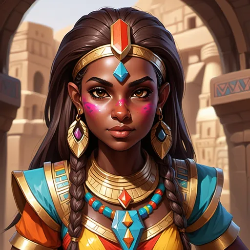 Prompt: (Dungeons and Dragons dwarf), chocolate skin female wearing bright and vibrant Egyptian clothes. Her face has a Persian structure.