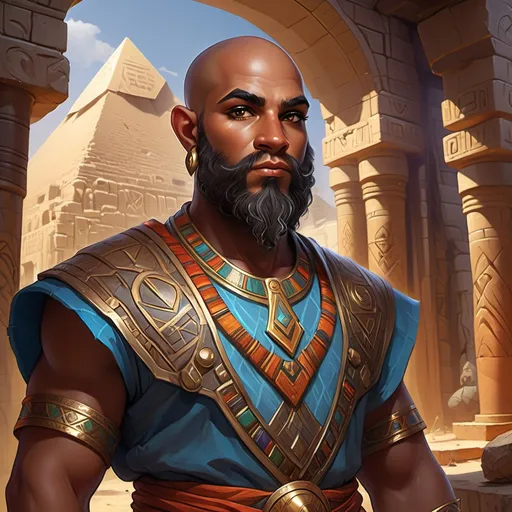 Prompt: (Dungeons and Dragons dwarf), ebony skin male, (Persian facial structure), shaved head, (bright and vibrant) Egyptian clothing, expressive eyes reflecting adventure, intricate patterns on clothes, a mystical backdrop filled with ancient ruins and symbols, warm and vivid colors enhancing the theme, enchanting ambiance of magic and fantasy, ultra-detailed, high quality.