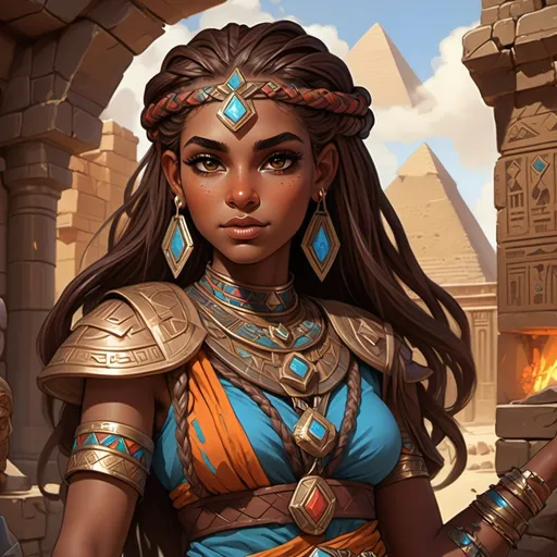 Prompt: (Dungeons and Dragons dwarf), chocolate skin female, (Persian facial structure), thick braided hair, (bright and vibrant) Egyptian clothing, expressive eyes reflecting adventure, intricate patterns on clothes, a mystical backdrop filled with ancient ruins and symbols, warm and vivid colors enhancing the theme, enchanting ambiance of magic and fantasy, ultra-detailed, high quality.