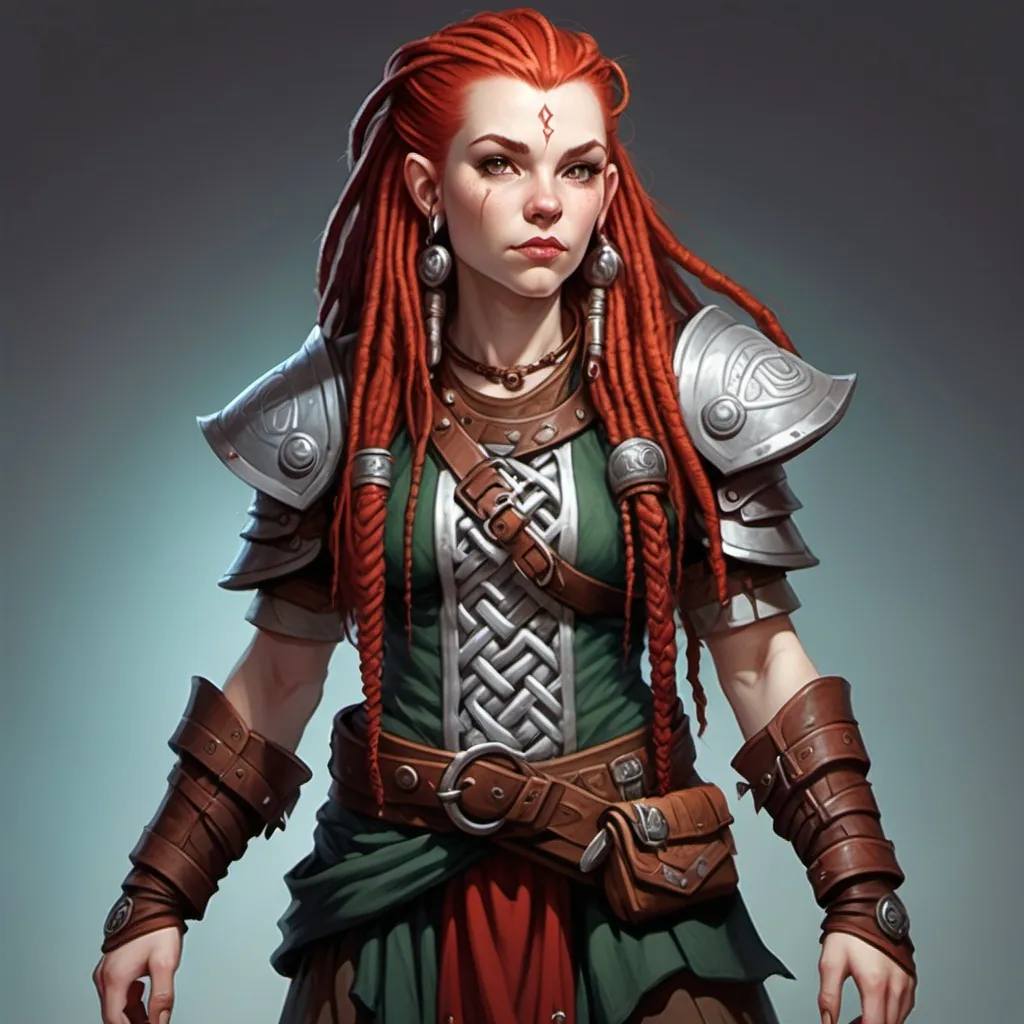 Prompt: Light or White Skin dwarf female from dungeons and dragons that has long red dreadlocks. Her outfit is nomadic and celtic