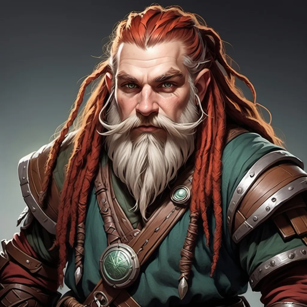 Prompt: Light or White Skin dwarf male from dungeons and dragons that has long red dreadlocks. His outfit is nomadic and celtic. He has a rugged unkempt beard. his dreadlocks are tied up in a knot.