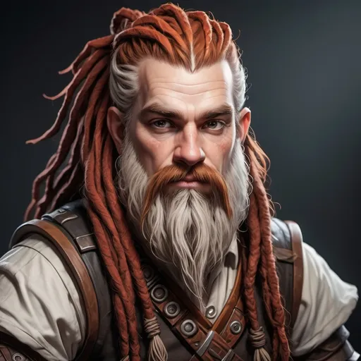 Prompt: Light or White Skin dwarf male from dungeons and dragons that has long red dreadlocks. His outfit is nomadic and celtic. He has a rugged unkempt beard. his dreadlocks are tied up in a knot.