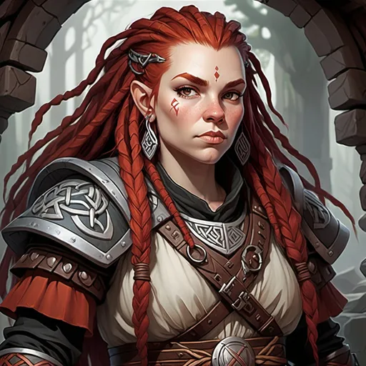 Prompt: Light or White Skin dwarf male from dungeons and dragons that has long red dreadlocks. Her outfit is nomadic and celtic