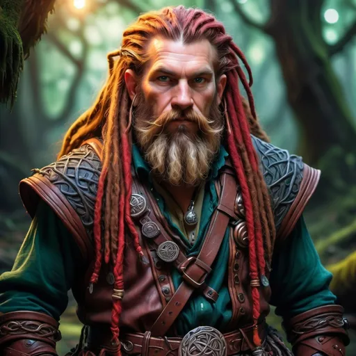 Prompt: (Dungeons and Dragons dwarf), rugged male with long red dreadlocks tied in a knot, unkempt beard, wearing a nomadic Celtic outfit, (detailed textures), (vibrant colors), (bold contrasts), intricate patterns in fabric, rugged leather accessories, set against a mystical forest backdrop, soft lighting casting an ethereal glow, high quality, ultra-detailed.