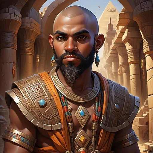 Prompt: (Dungeons and Dragons dwarf), ebony skin male, (Persian facial structure), shaved head, (bright and vibrant) Egyptian clothing, expressive eyes reflecting adventure, intricate patterns on clothes, a mystical backdrop filled with ancient ruins and symbols, warm and vivid colors enhancing the theme, enchanting ambiance of magic and fantasy, ultra-detailed, high quality.