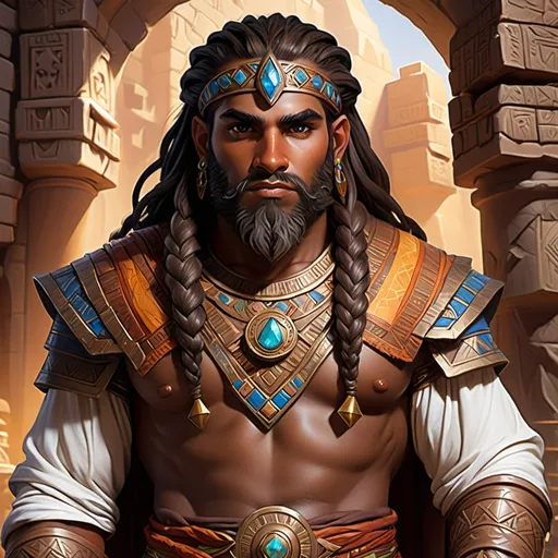 Prompt: (Dungeons and Dragons dwarf), chocolate skin male, (Persian facial structure), thick braided hair, (bright and vibrant) Egyptian clothing, expressive eyes reflecting adventure, intricate patterns on clothes, a mystical backdrop filled with ancient ruins and symbols, warm and vivid colors enhancing the theme, enchanting ambiance of magic and fantasy, ultra-detailed, high quality.