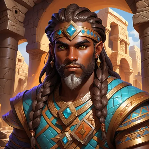 Prompt: (Dungeons and Dragons dwarf), chocolate skin male, (Persian facial structure), thick braided hair, (bright and vibrant) Egyptian clothing, expressive eyes reflecting adventure, intricate patterns on clothes, a mystical backdrop filled with ancient ruins and symbols, warm and vivid colors enhancing the theme, enchanting ambiance of magic and fantasy, ultra-detailed, high quality.