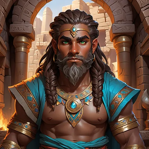 Prompt: (Dungeons and Dragons dwarf), chocolate skin male, (Persian facial structure), thick braided hair, (bright and vibrant) Egyptian clothing, expressive eyes reflecting adventure, intricate patterns on clothes, a mystical backdrop filled with ancient ruins and symbols, warm and vivid colors enhancing the theme, enchanting ambiance of magic and fantasy, ultra-detailed, high quality.