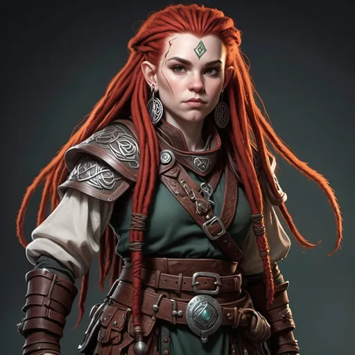 Prompt: Light or White Skin dwarf female from dungeons and dragons that has long red dreadlocks. Her outfit is nomadic and celtic