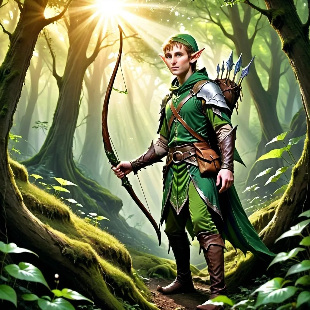 Prompt: Elf ranger in a mystical forest around sunlight