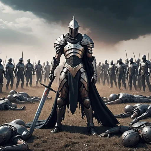 Prompt: futuristic warrior with a big sword in the middle of the war, dead body all around the field, a lot of people crying around, weapon all around