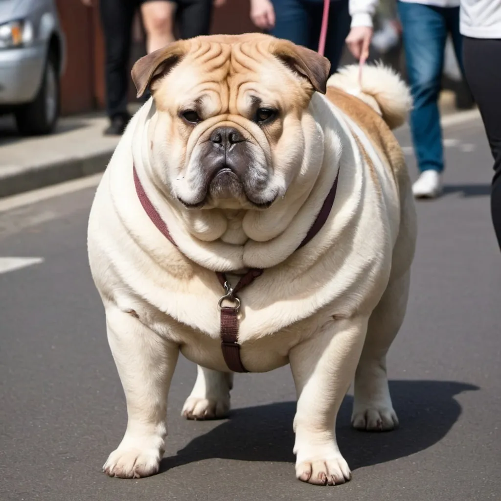 Prompt: an obese dog, like to fat to walk, like lumps on lumps