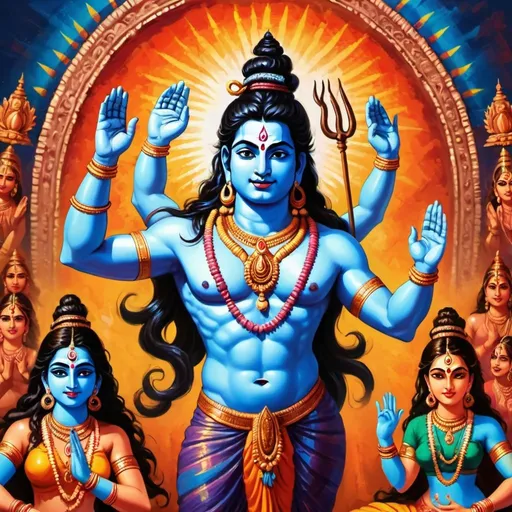 Prompt: Shiva God with hands up, stern look, dancing girls in background, classic ancient Indian vibrant colors, high quality, detailed, classic Indian art style, vibrant colors, traditional attire, divine aura, lively background, professional lighting