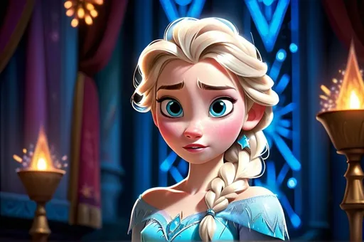 Prompt: Portrait of a 12 year old Elsa from Frozen looking at the camera, with an enlightened and kind look on her face while singing softly, Disney Kingdom Star Burst background.
