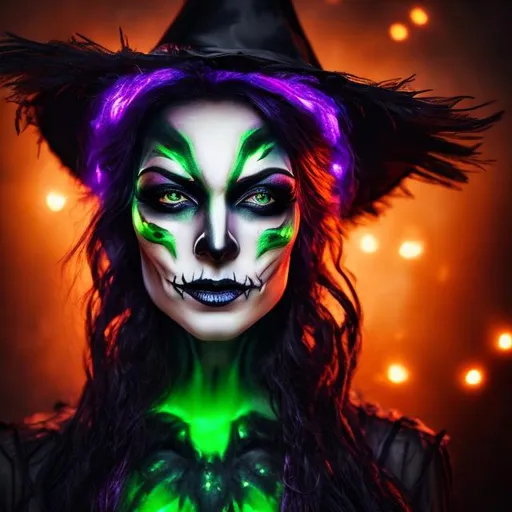 Prompt:  woman Halloween Witch. Close up portrait. Face makeup. White hair. Sparkling head band. Green, orange, purple smokey vibrant lighting in a dark background 