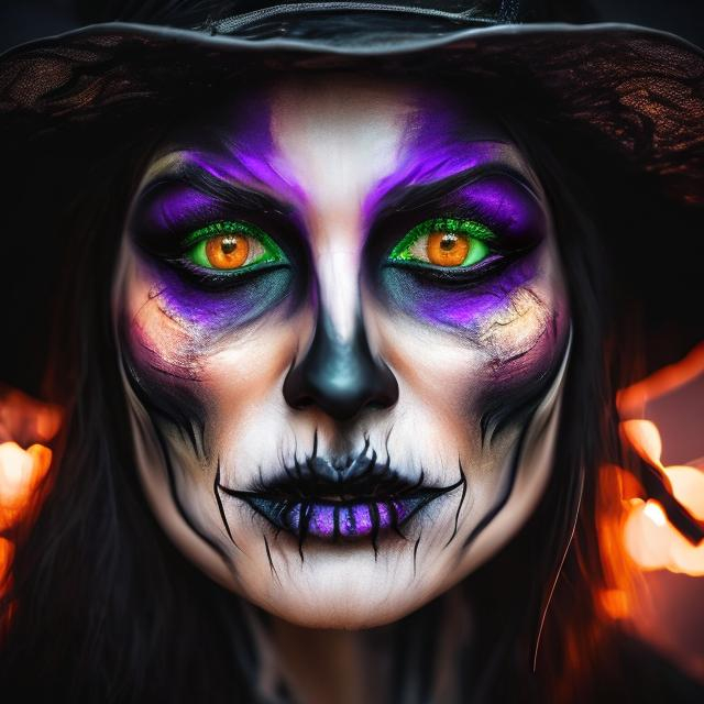 Prompt:  woman Halloween Witch. Close up portrait. Face makeup. Green, orange, purple smokey lighting in a dark background 